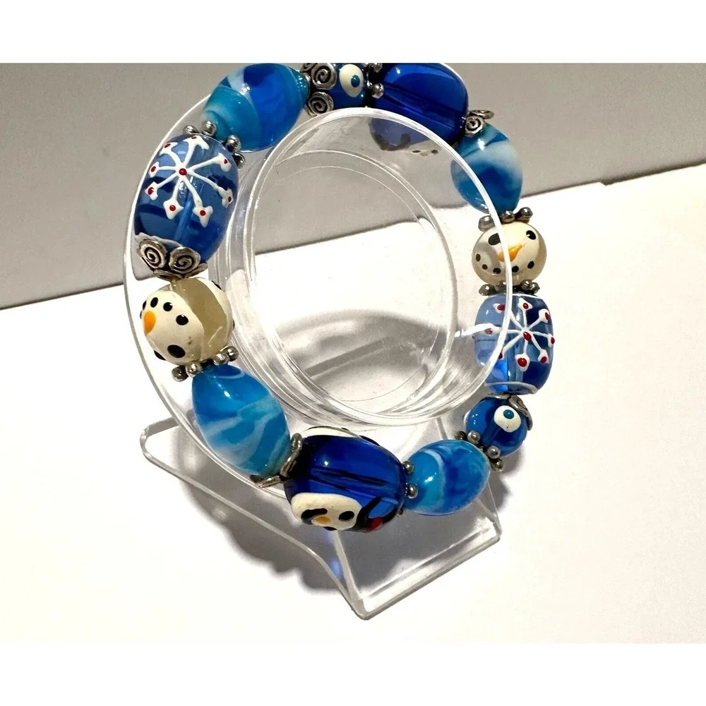 Glass Beads Stretch Bracelet Blue White Snowman Snowflake‎ Christmas Handmade
